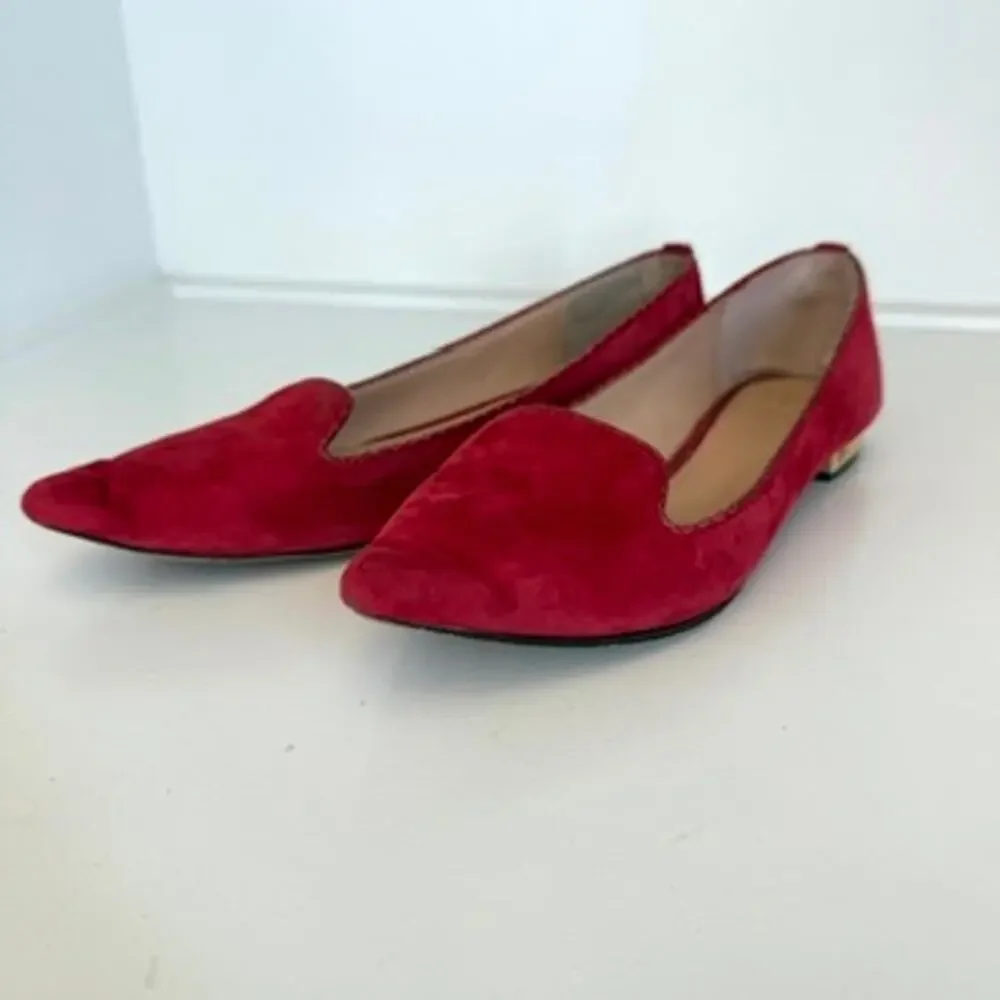 Tory Burch Pointed Toe Flats Raspberry Suede Gold Heel Logo Balletcore 6.5M‎